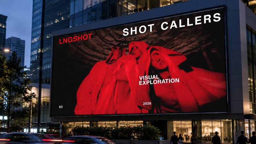 Urban billboard mockup showing the Shot Callers visual on a building facade at dusk