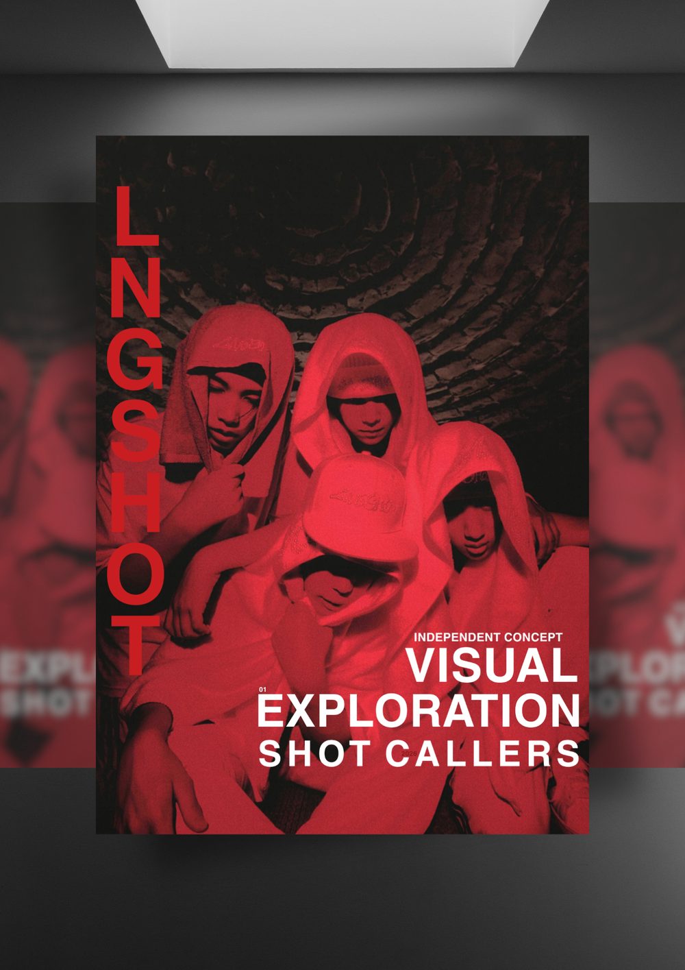 Gallery wall mockup showing the LNGSHOT poster lit from above