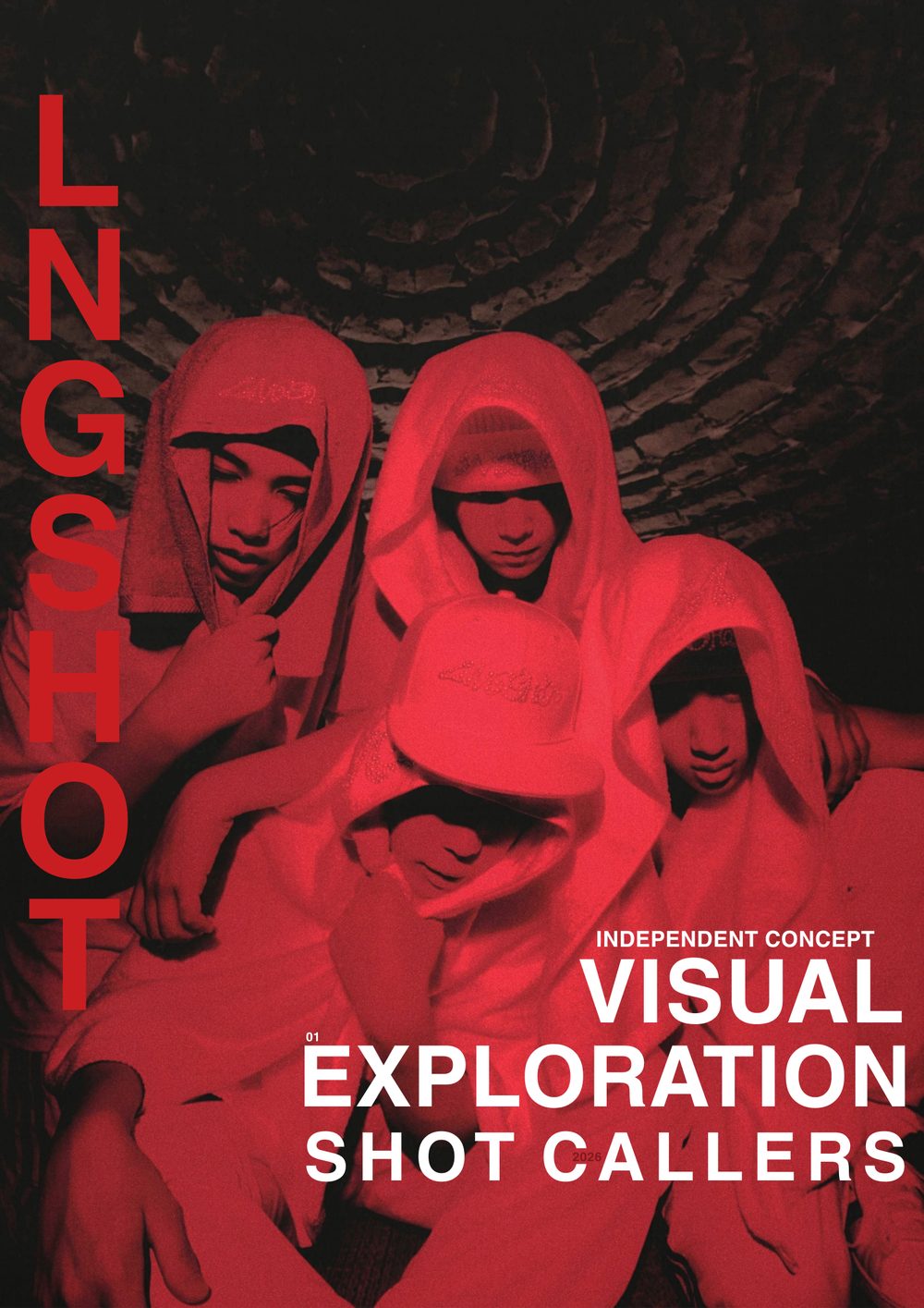 Vertical LNGSHOT poster: four hooded figures in a red tone with the title set along the left edge