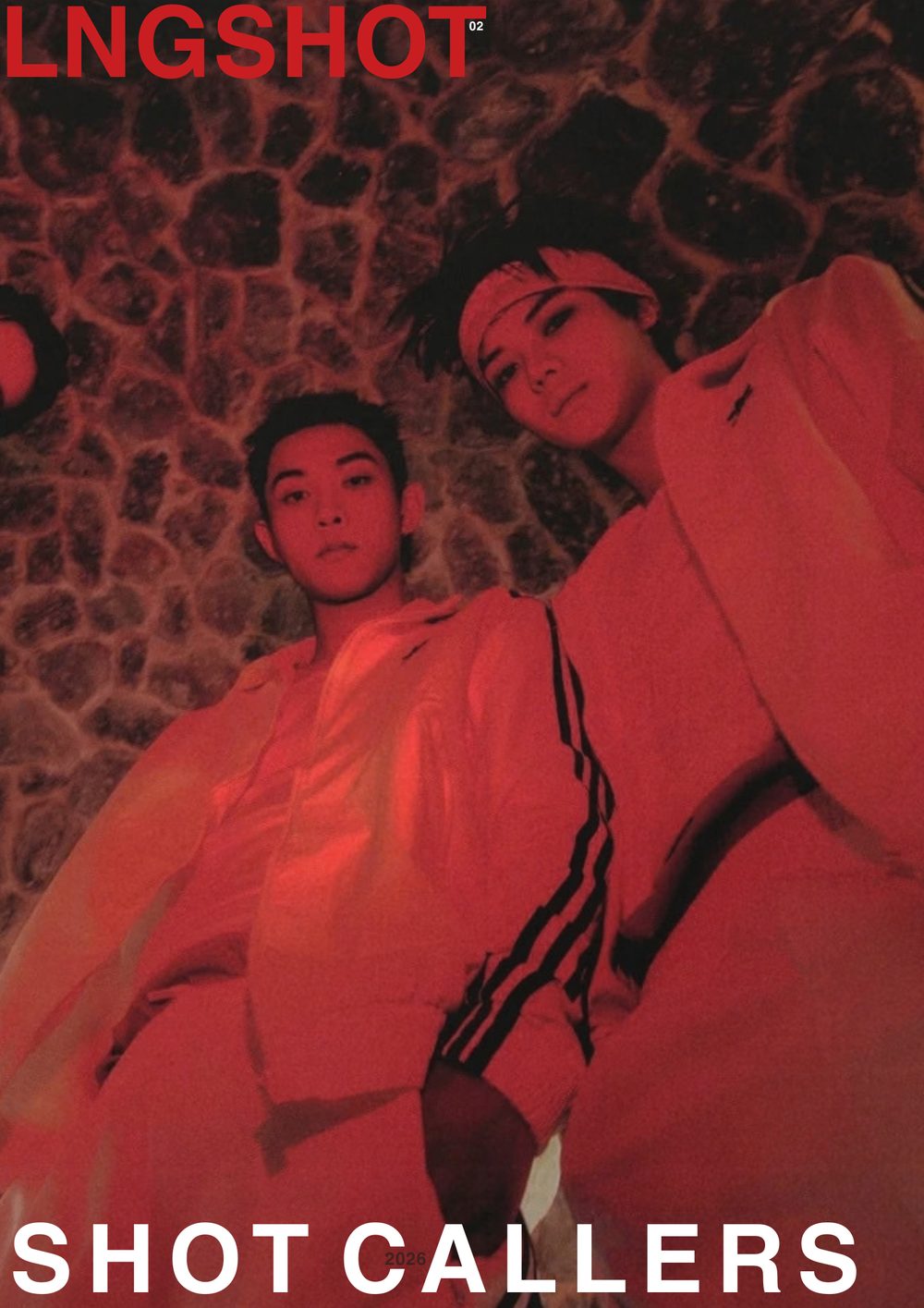 LNGSHOT poster: two figures lit in red against a rough stone wall, with the words Shot Callers across the bottom
