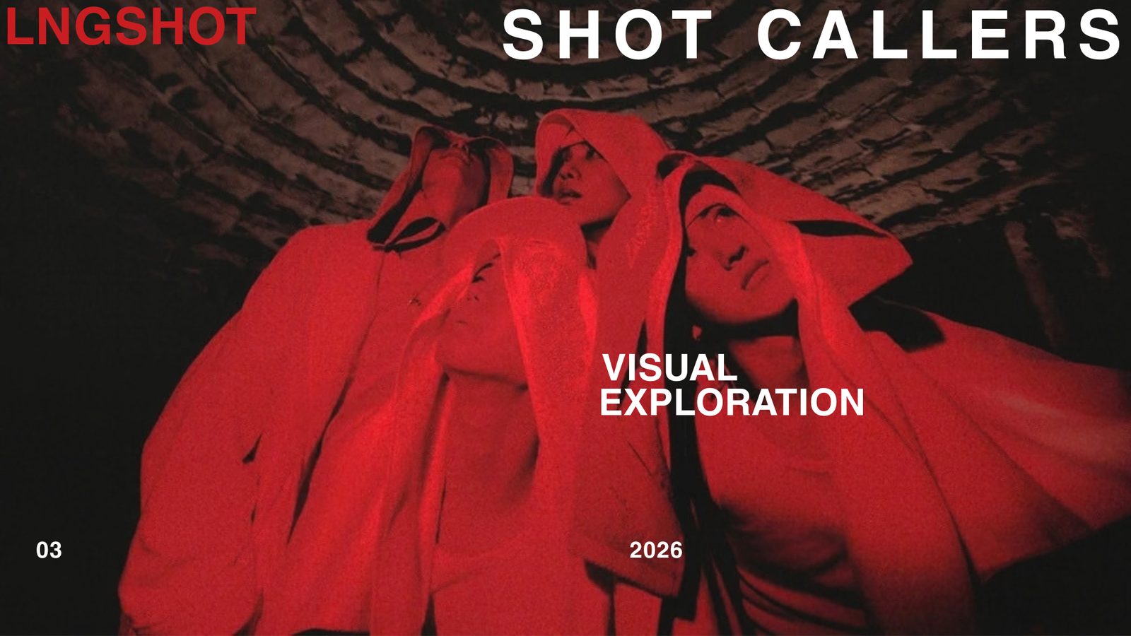Wide LNGSHOT composition: three hooded figures looking upward, in red tones
